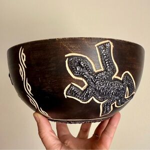Hand Carved Large Dark Wooden Decorative Bowl with Tin Appliqué Animal Elements